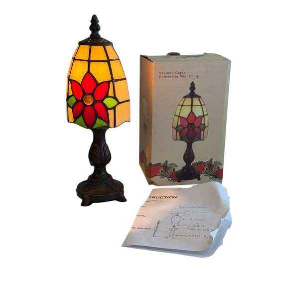 Cracker Barrel Tiffany Style Stained Glass POINSETTIA Mini Lamp With Box - Picture 1 of 6